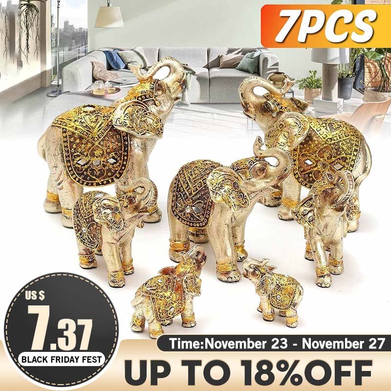 7Pcs Set Feng Shui Elegant Elephant Trunk Statue Lucky Wealth Figurine Crafts Ornaments Gift for Home Office Desktop Decoration
